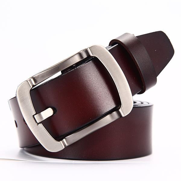 Brown leather belt with silver buckle on a white background