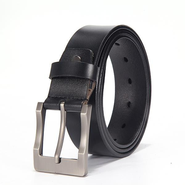 Black leather belt with a silver buckle on a white background