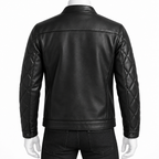 Black - Black leather jacket with quilted sleeves, shown from the back on a mannequin wearing black jeans against a white background.