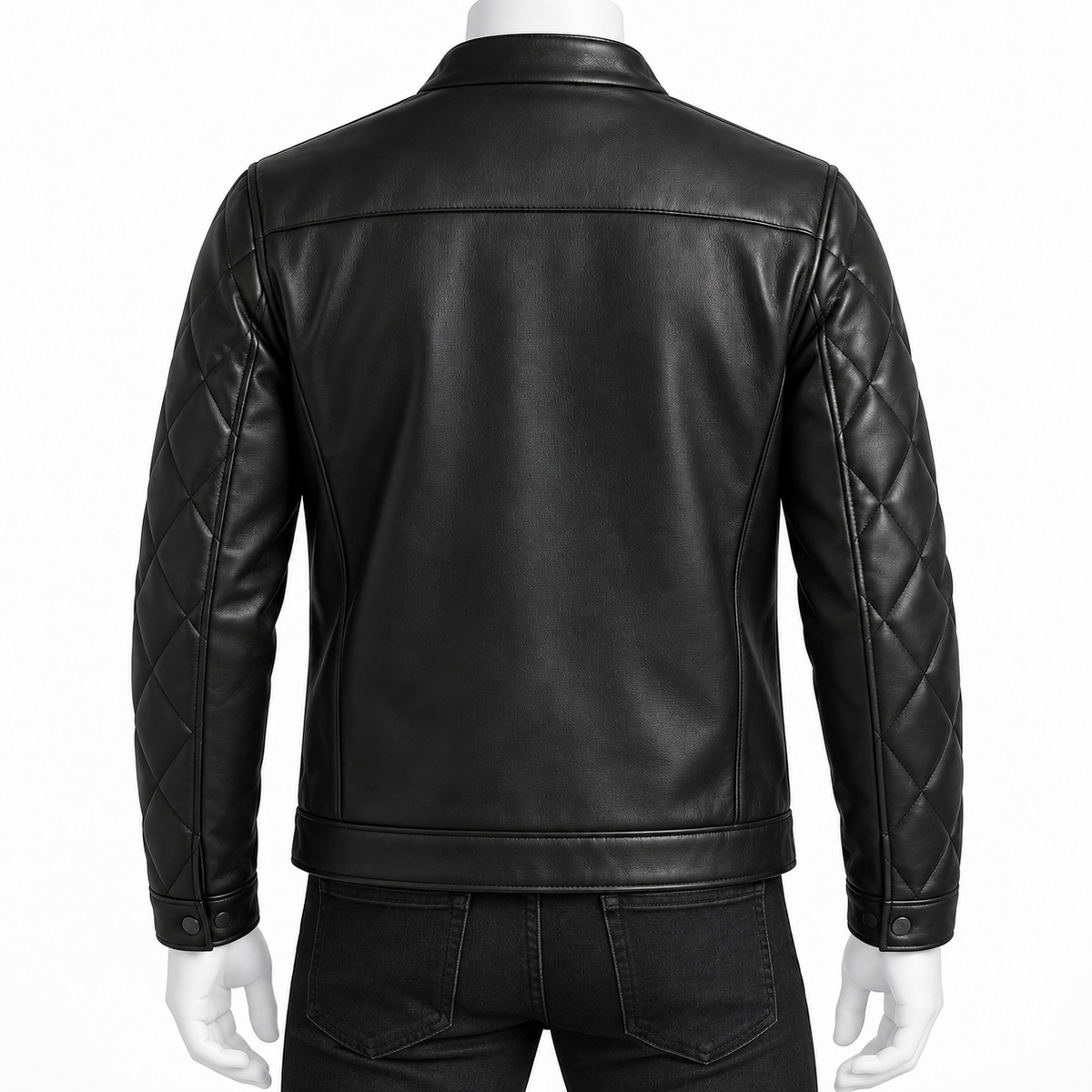 Black - Black leather jacket with quilted sleeves, shown from the back on a mannequin wearing black jeans against a white background.