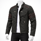 Army Green - A black faux leather motorcycle jacket with red contrast stitching and silver zippers, displayed on a white mannequin torso against a white background.