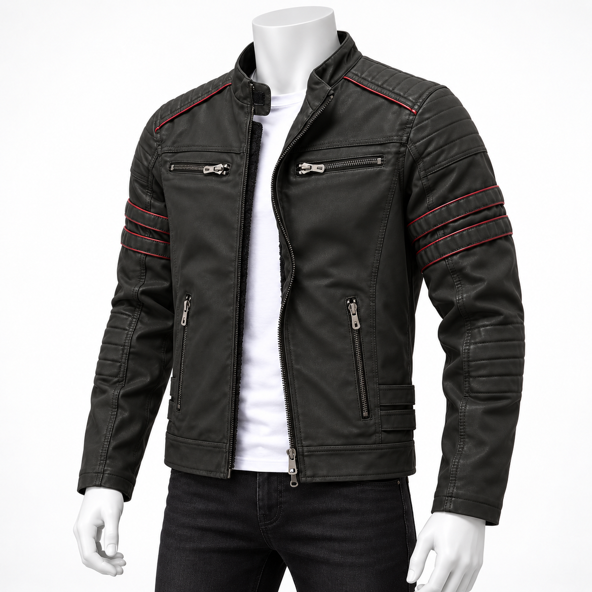 Army Green - A black faux leather motorcycle jacket with red contrast stitching and silver zippers, displayed on a white mannequin torso against a white background.
