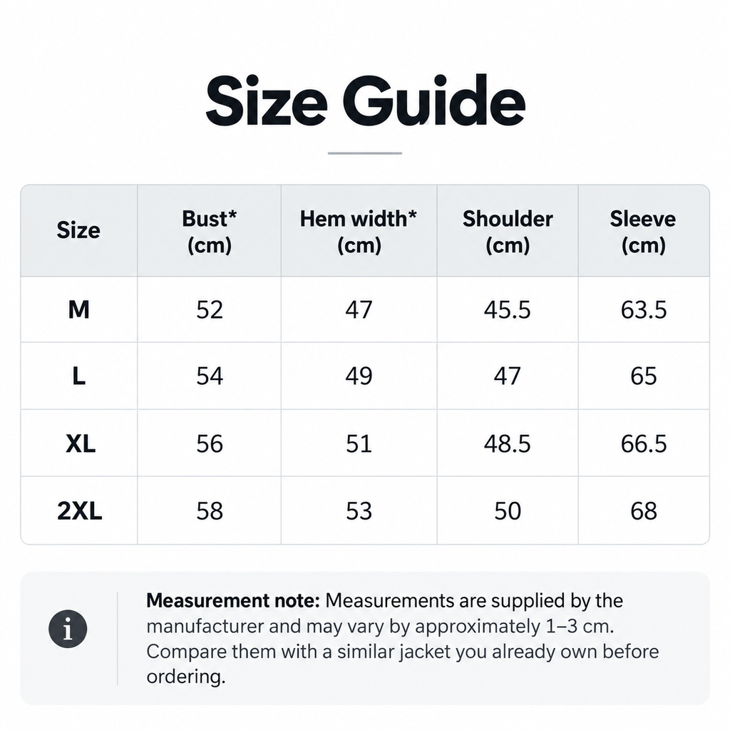 Shared - Size guide table with measurements for M, L, XL, and 2XL sizes, including bust, hem width, shoulder, and sleeve in centimeters, plus a measurement note at the bottom.