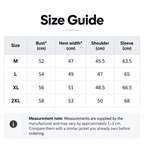 Shared - Size guide table with measurements for M, L, XL, and 2XL sizes, including bust, hem width, shoulder, and sleeve in centimeters, plus a measurement note at the bottom.