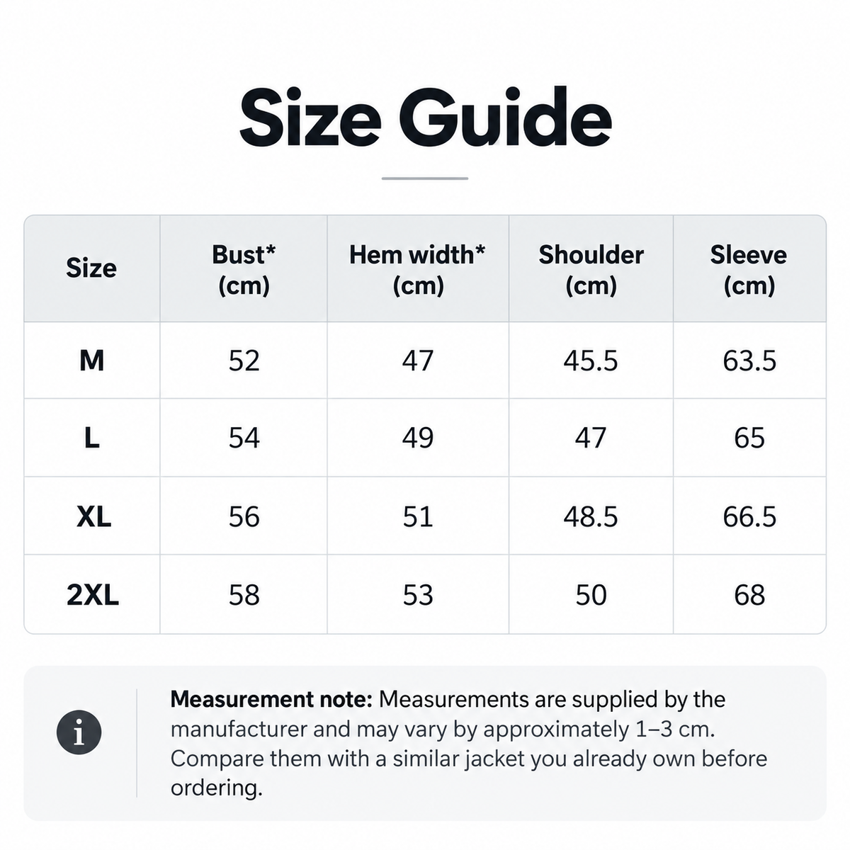 Shared - Size guide table with measurements for M, L, XL, and 2XL sizes, including bust, hem width, shoulder, and sleeve in centimeters, plus a measurement note at the bottom.