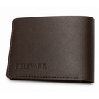 Brown leather wallet with 'BELLVARE' branding on a white background