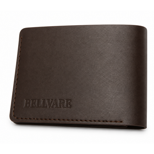 Brown leather wallet with 'BELLVARE' branding on a white background