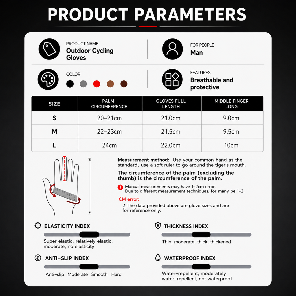 A product parameters infographic for outdoor cycling gloves, showing size tables for S, M, and L, color options, features, a measurement guide with a hand diagram, and elasticity/thickness/waterproofness indexes.