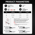 A product parameters infographic for outdoor cycling gloves, showing size tables for S, M, and L, color options, features, a measurement guide with a hand diagram, and elasticity/thickness/waterproofness indexes.