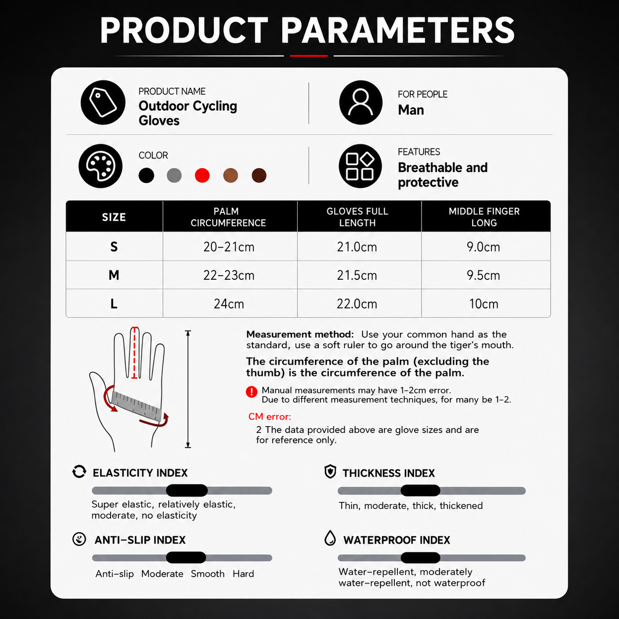 A product parameters infographic for outdoor cycling gloves, showing size tables for S, M, and L, color options, features, a measurement guide with a hand diagram, and elasticity/thickness/waterproofness indexes.