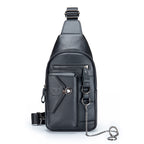 Black leather sling bag with chain detail on a white background