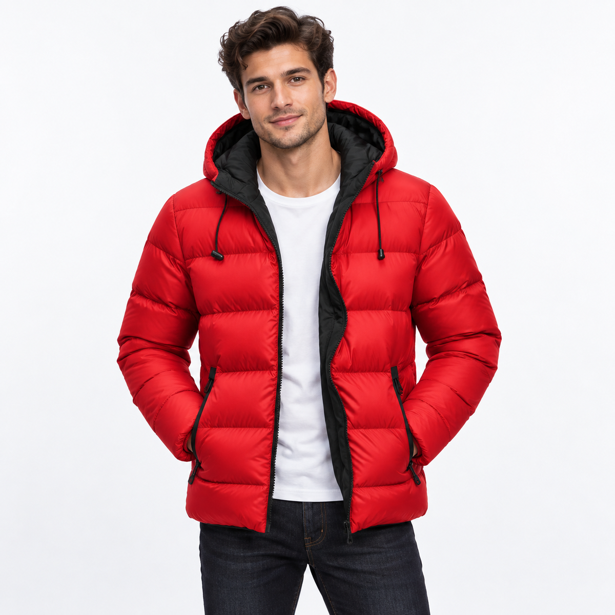 Red - A man wearing a bright red hooded puffer jacket with black lining and drawstrings, layered over a white t-shirt and dark jeans, photographed against a clean white studio background.