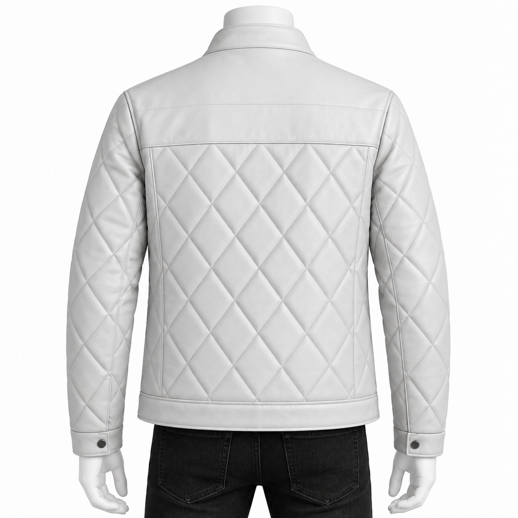 Off White - A light gray quilted faux-leather jacket shown from the back on a mannequin, paired with black jeans against a plain white background.