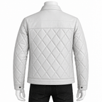 Off White - A light gray quilted faux-leather jacket shown from the back on a mannequin, paired with black jeans against a plain white background.