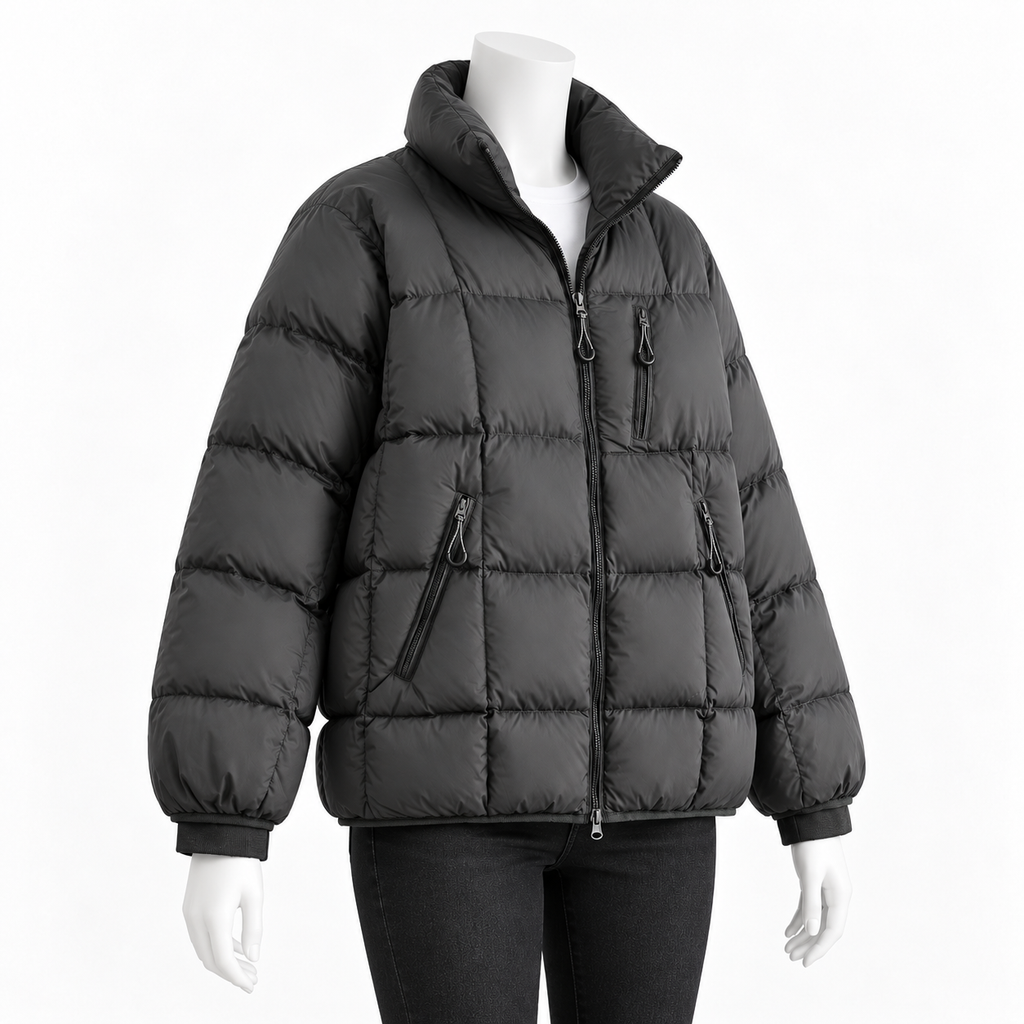 Dark Gray - A black puffer jacket with horizontal quilting, a high collar, and zippered pockets, displayed on a white mannequin against a plain white background.