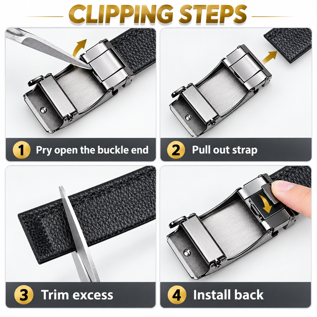 Four-panel instruction graphic showing how to remove and trim a black textured belt with a silver metal buckle, with text reading 'CLIPPING STEPS' and numbered steps.