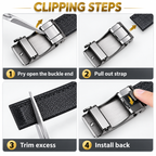 Four-panel instruction graphic showing how to remove and trim a black textured belt with a silver metal buckle, with text reading 'CLIPPING STEPS' and numbered steps.