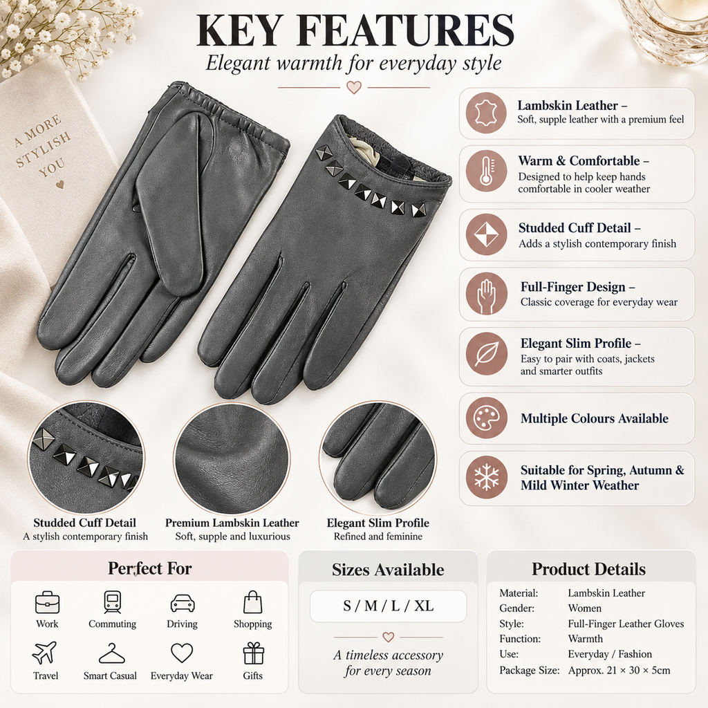 A product infographic for women's leather gloves, showing a pair of dark gray gloves with studded cuffs and circular detail insets. The image includes text callouts highlighting key features such as full-finger design, studded cuff detail, premium lambkin leather, slim profile, and suitability for multiple seasons.