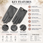 A product infographic for women's leather gloves, showing a pair of dark gray gloves with studded cuffs and circular detail insets. The image includes text callouts highlighting key features such as full-finger design, studded cuff detail, premium lambkin leather, slim profile, and suitability for multiple seasons.
