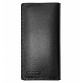 Black leather wallet with brand name on a white background