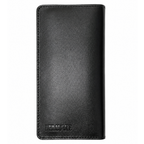 Black leather wallet with brand name on a white background