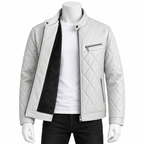 Off White - A light gray quilted faux-leather jacket with a black fleece lining, displayed on a white mannequin torso over a white t-shirt and black jeans against a plain white background.