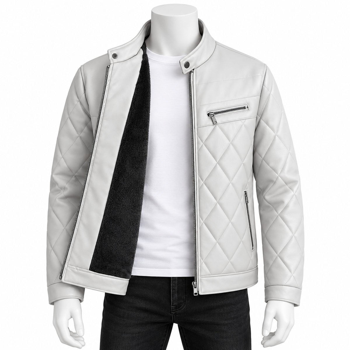 Off White - A light gray quilted faux-leather jacket with a black fleece lining, displayed on a white mannequin torso over a white t-shirt and black jeans against a plain white background.