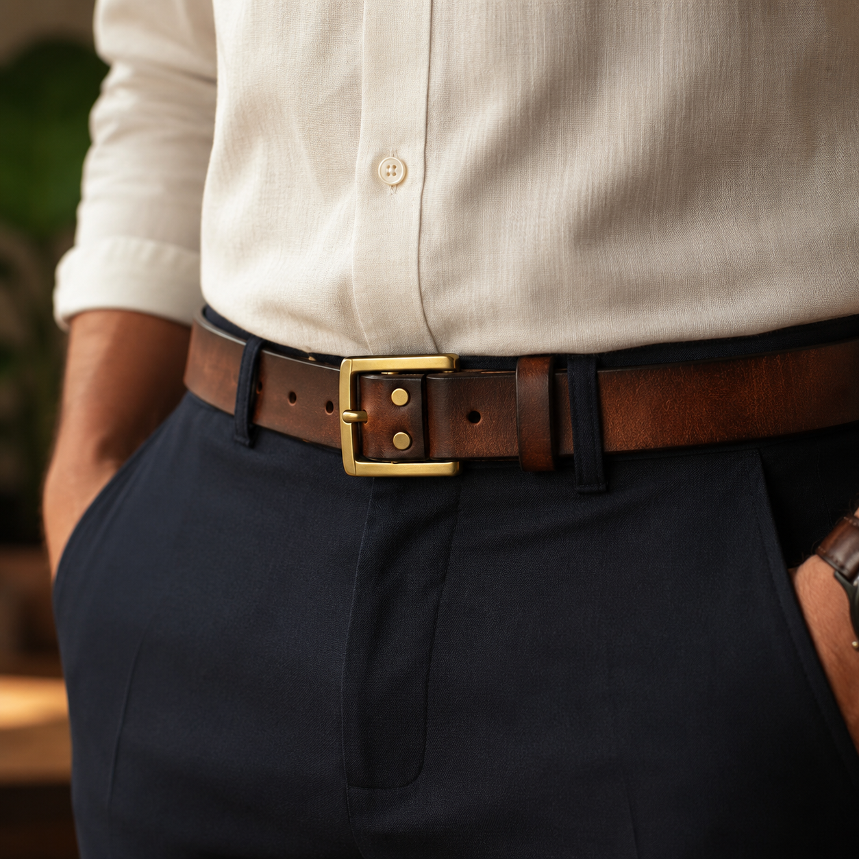 A close-up of a person wearing a brown leather belt with a gold-tone rectangular buckle, tucked into dark navy trousers and an off-white button-up shirt.
