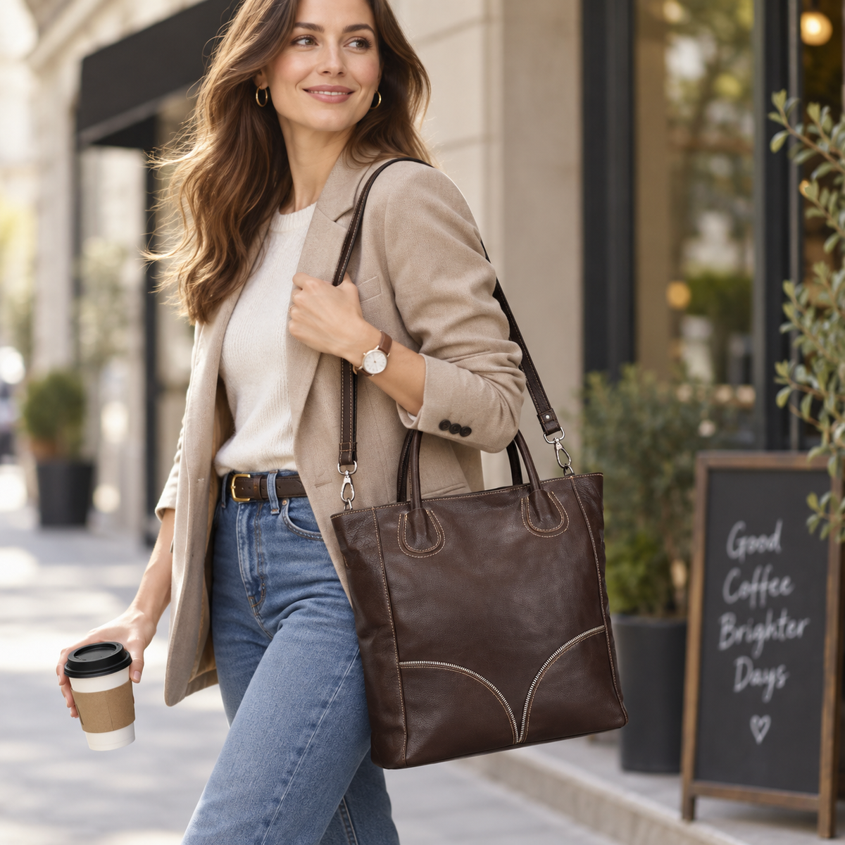 A woman walking on a city sidewalk carrying a dark brown leather tote bag over her shoulder. She is wearing a beige blazer, white top, and blue jeans, and holding a takeaway coffee cup.