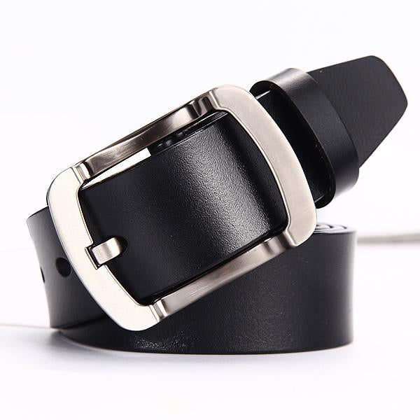 Black leather belt with a silver buckle on a white background