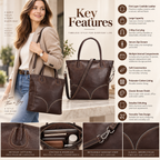 A woman carries a large brown leather tote bag over her shoulder in a softly lit indoor setting. The image includes feature callouts and text panels describing the bag's materials, compartments, zipper closure, stitching, and suitability for work, shopping, and travel.