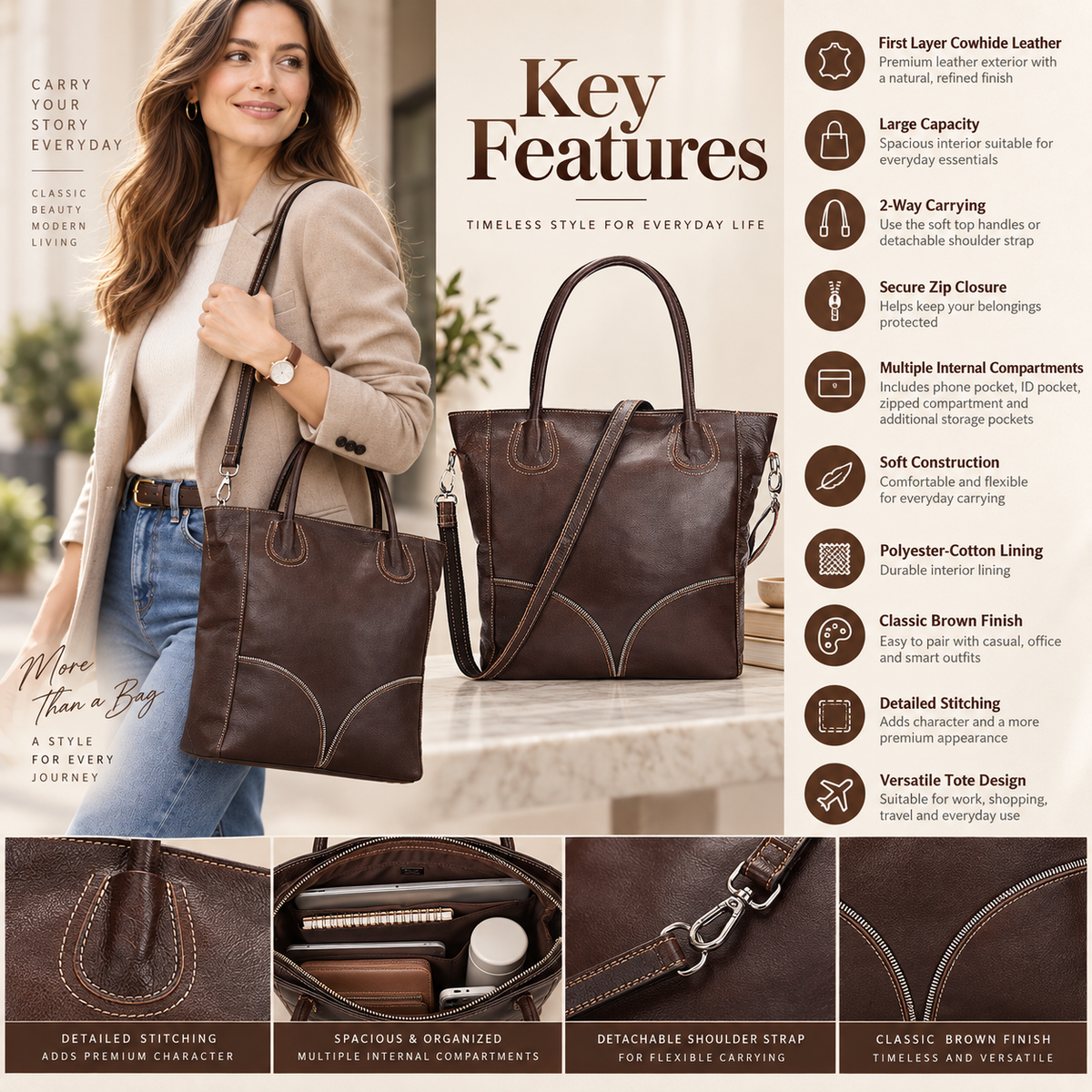 A woman carries a large brown leather tote bag over her shoulder in a softly lit indoor setting. The image includes feature callouts and text panels describing the bag's materials, compartments, zipper closure, stitching, and suitability for work, shopping, and travel.