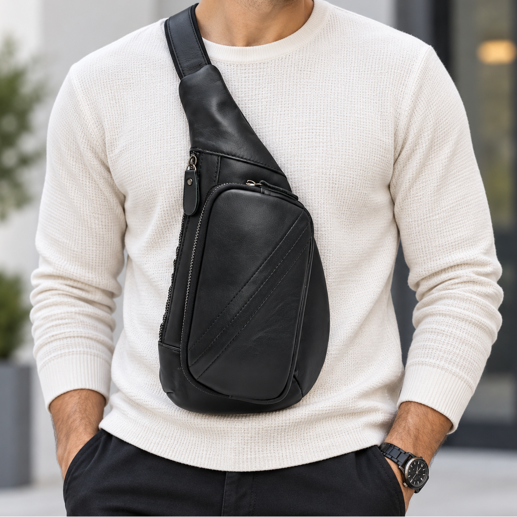 A man wearing a black leather crossbody sling bag with a wide adjustable strap, styled over a cream ribbed knit sweater and black trousers.