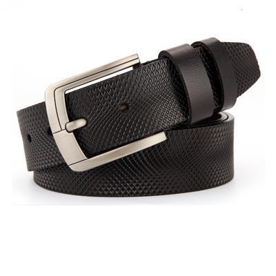 Black leather belt with a silver buckle on a white background
