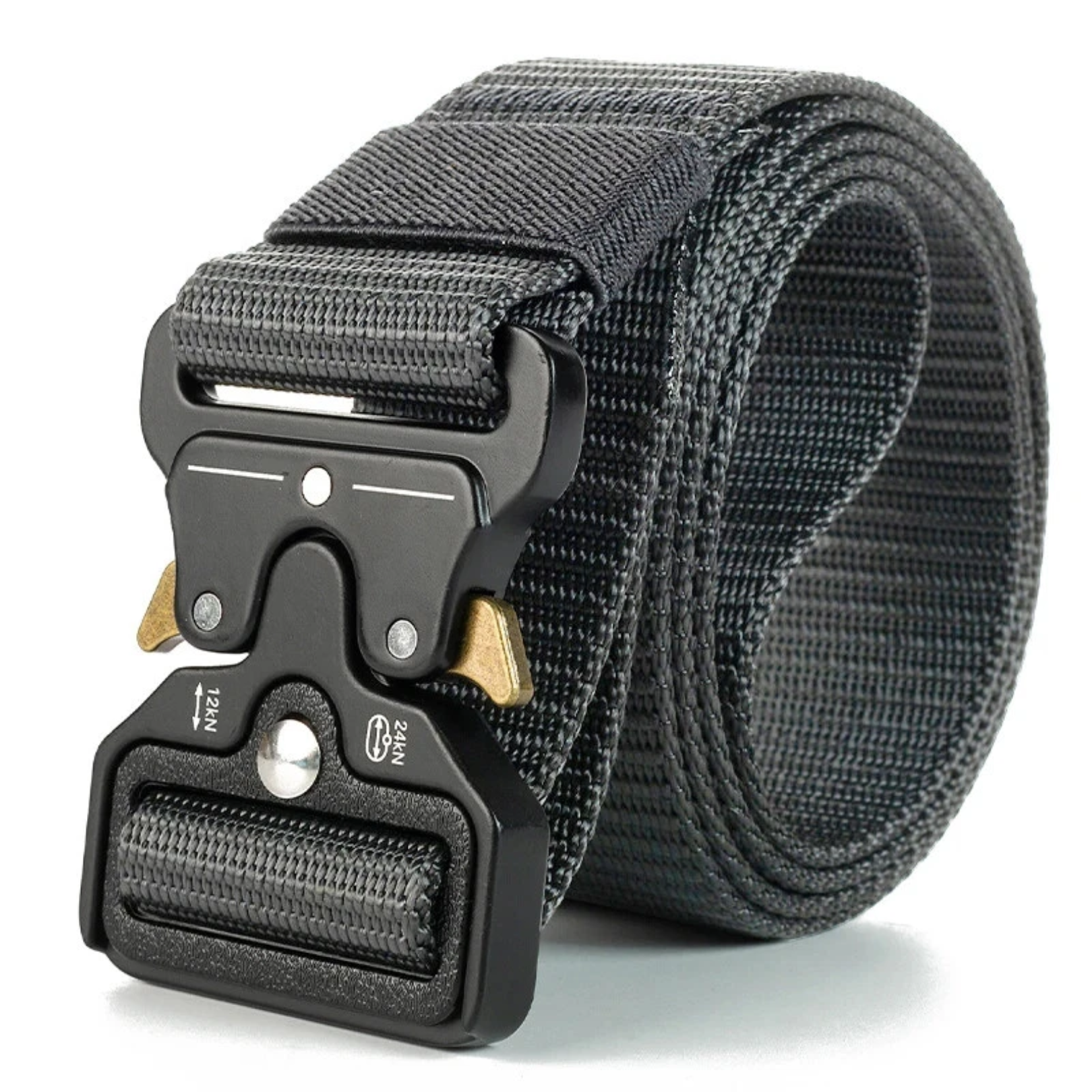 Gray tactical belt with a black buckle on a white background