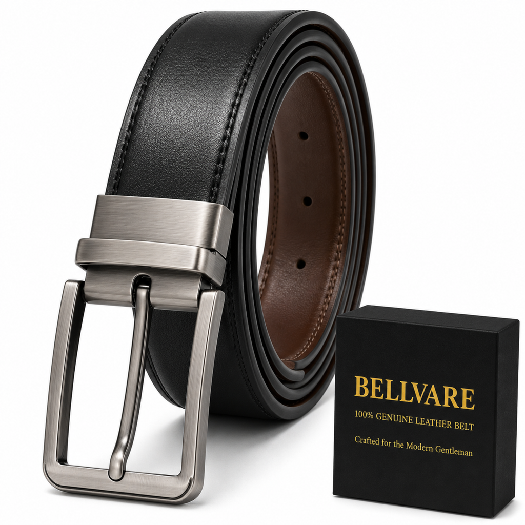 Bellvare Mens Genuine Leather Reversible Belt Black Brown Rotating Buckle