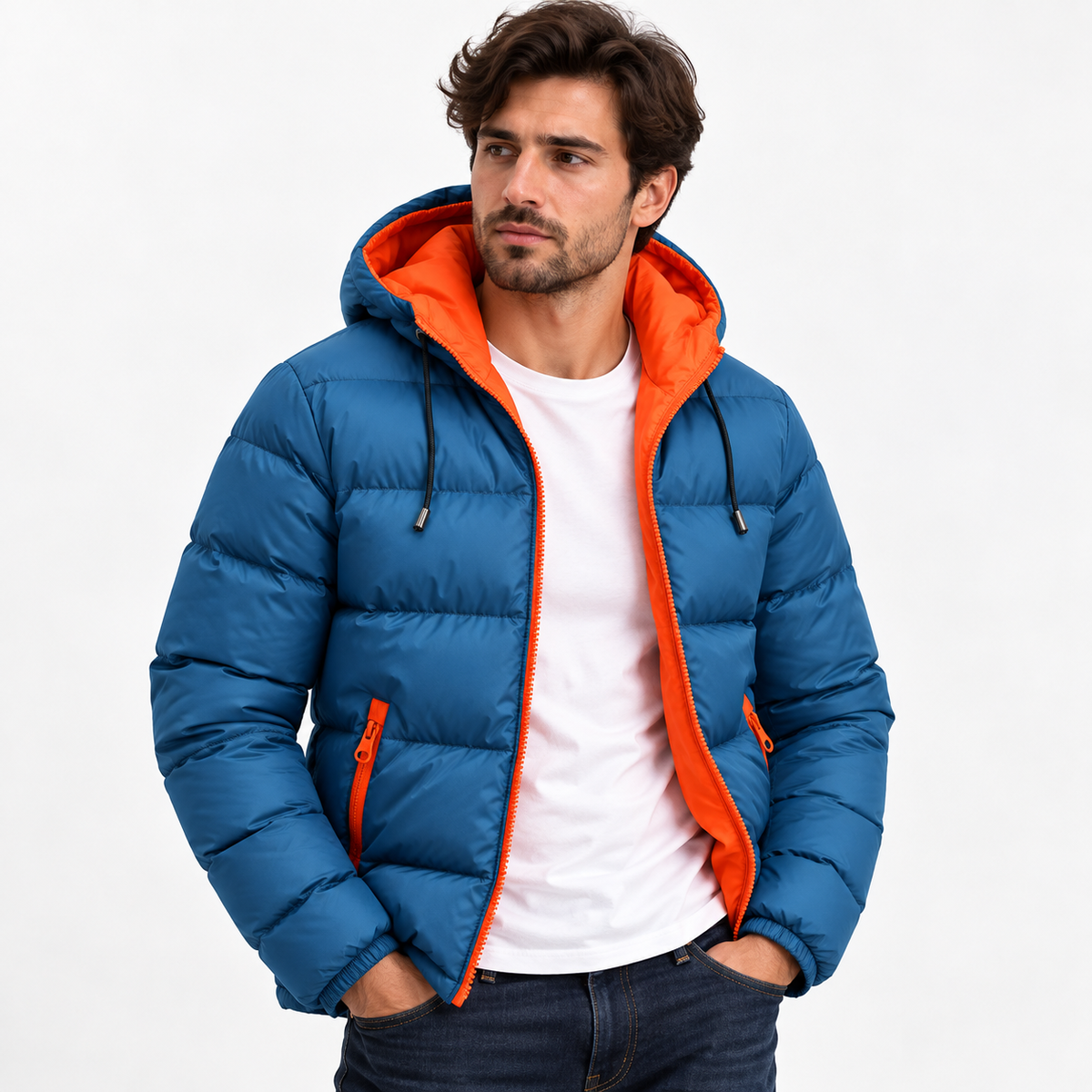 Blue - A man wearing a blue hooded puffer jacket with a bright orange interior lining, styled over a white t-shirt and dark jeans, photographed against a clean white studio background.