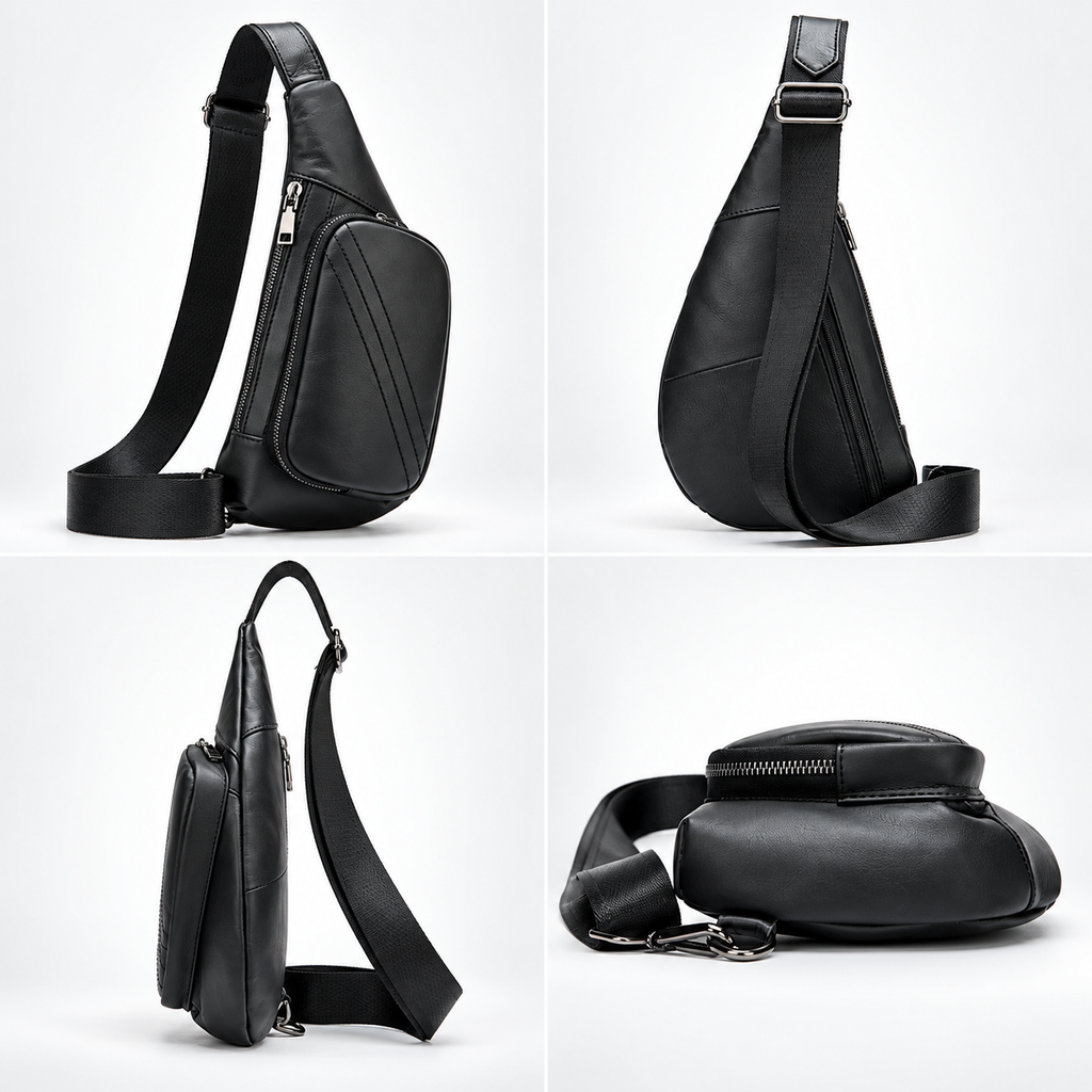A black leather sling bag shown from four angles in a 2x2 grid, featuring a triangular body, adjustable shoulder strap, front zip pocket, and a round zippered top closure.