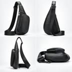 A black leather sling bag shown from four angles in a 2x2 grid, featuring a triangular body, adjustable shoulder strap, front zip pocket, and a round zippered top closure.
