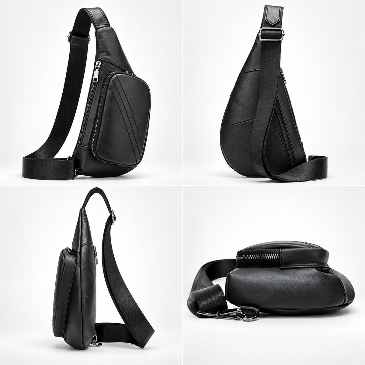 A black leather sling bag shown from four angles in a 2x2 grid, featuring a triangular body, adjustable shoulder strap, front zip pocket, and a round zippered top closure.