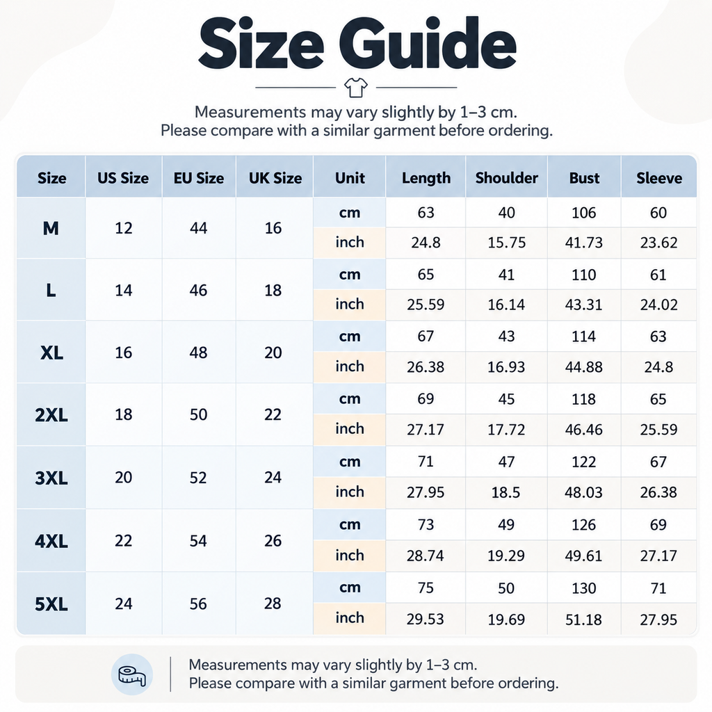 Shared - A size guide chart showing measurements for sizes M through 5XL, with columns for Size, US Size, EU Size, UK Size, Unit, Length, Shoulder, Bust, and Sleeve in centimeters and inches.