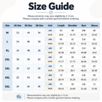 Shared - A size guide chart showing measurements for sizes M through 5XL, with columns for Size, US Size, EU Size, UK Size, Unit, Length, Shoulder, Bust, and Sleeve in centimeters and inches.