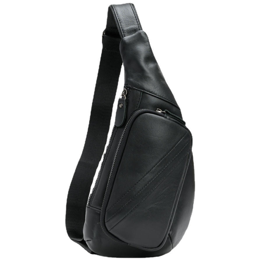 Black leather sling bag on a white background