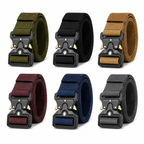 Tactical nylon belt colour options in green, black, beige, red, navy and grey, each with a black buckle.