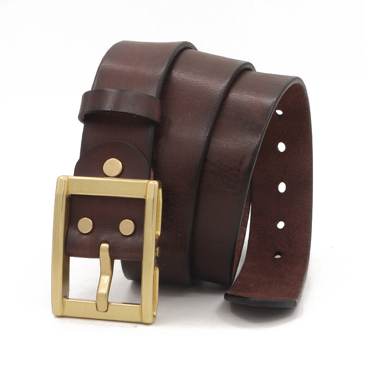 Brown leather belt with a gold buckle on a white background