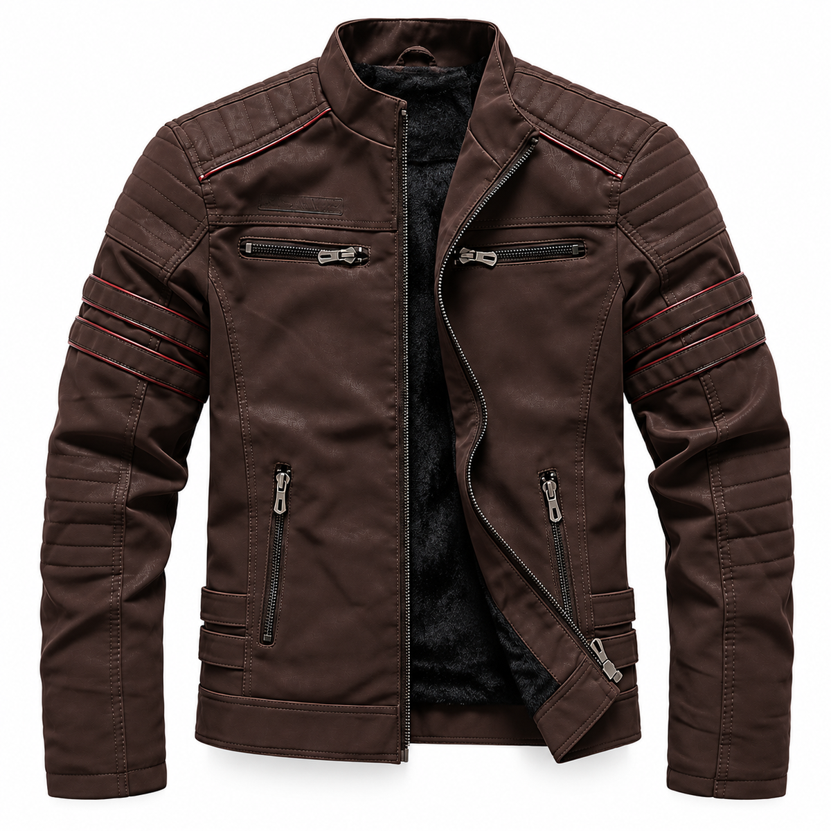 Coffee - A dark brown faux-leather motorcycle jacket with quilted sleeve panels, multiple zippered pockets, and a black faux-fur lining, shown on a plain white background.