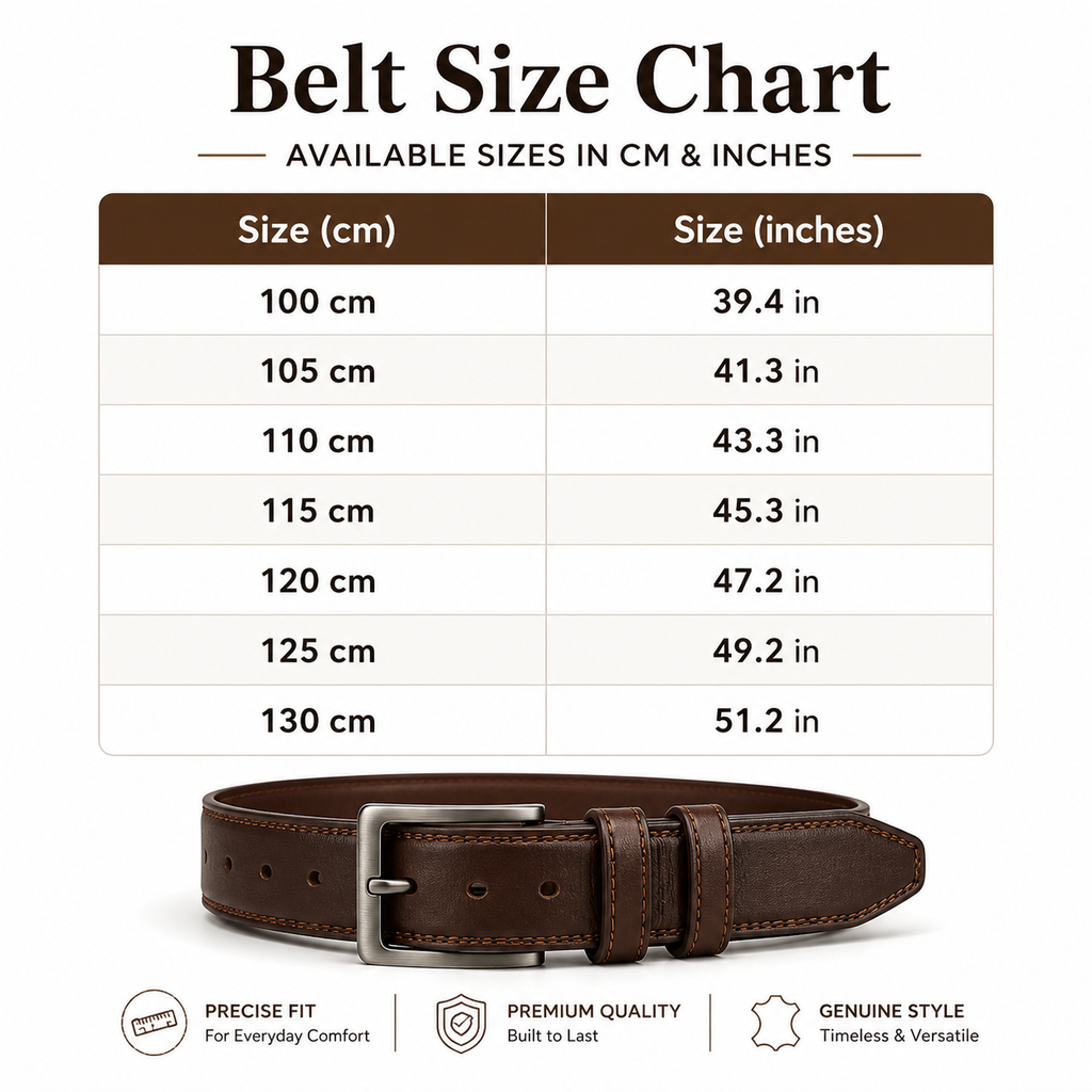 Belt size chart graphic showing a brown leather belt at the bottom with a silver buckle, above a size table listing measurements in centimeters and inches from 100 cm to 130 cm. Text at the top reads 'Belt Size Chart' and the bottom includes feature icons for precise fit, premium quality, and genuine style.