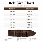 Belt size chart graphic showing a brown leather belt at the bottom with a silver buckle, above a size table listing measurements in centimeters and inches from 100 cm to 130 cm. Text at the top reads 'Belt Size Chart' and the bottom includes feature icons for precise fit, premium quality, and genuine style.