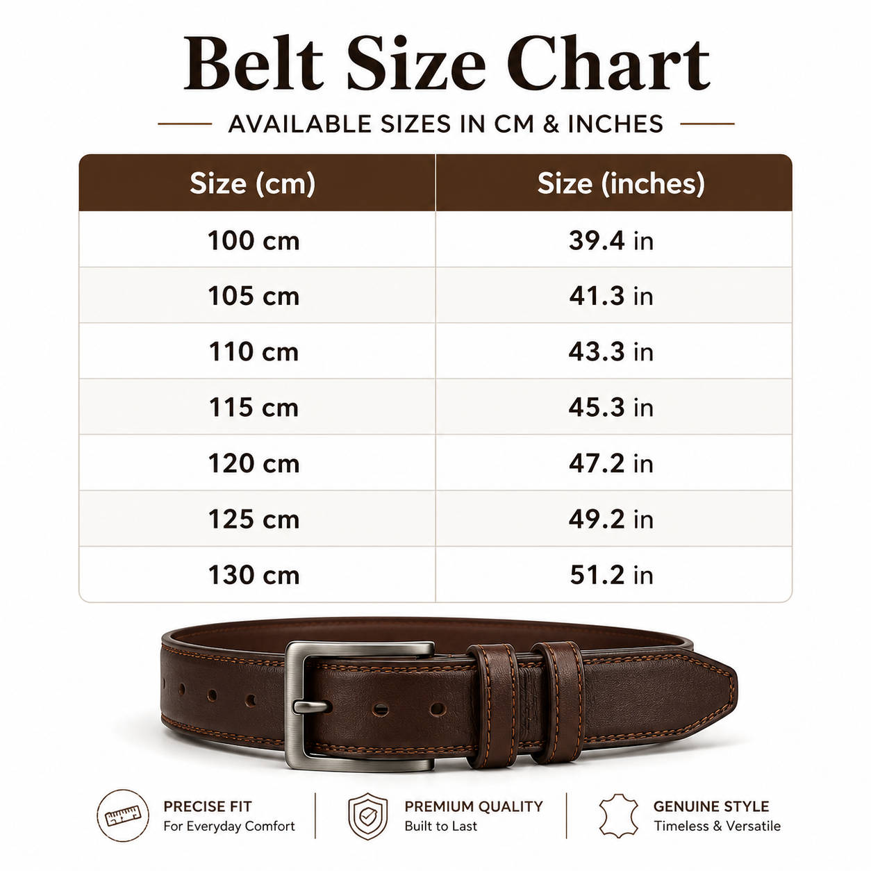 Belt size chart graphic showing a brown leather belt at the bottom with a silver buckle, above a size table listing measurements in centimeters and inches from 100 cm to 130 cm. Text at the top reads 'Belt Size Chart' and the bottom includes feature icons for precise fit, premium quality, and genuine style.