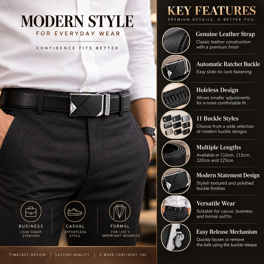 A man wearing a black leather belt with a silver-toned geometric buckle, paired with dark trousers and a white shirt. The right side of the image features a feature list titled 'KEY FEATURES' with icons and text describing the belt's leather strap, ratchet buckle, holeless design, multiple lengths, modern statement design, and versatile wear.